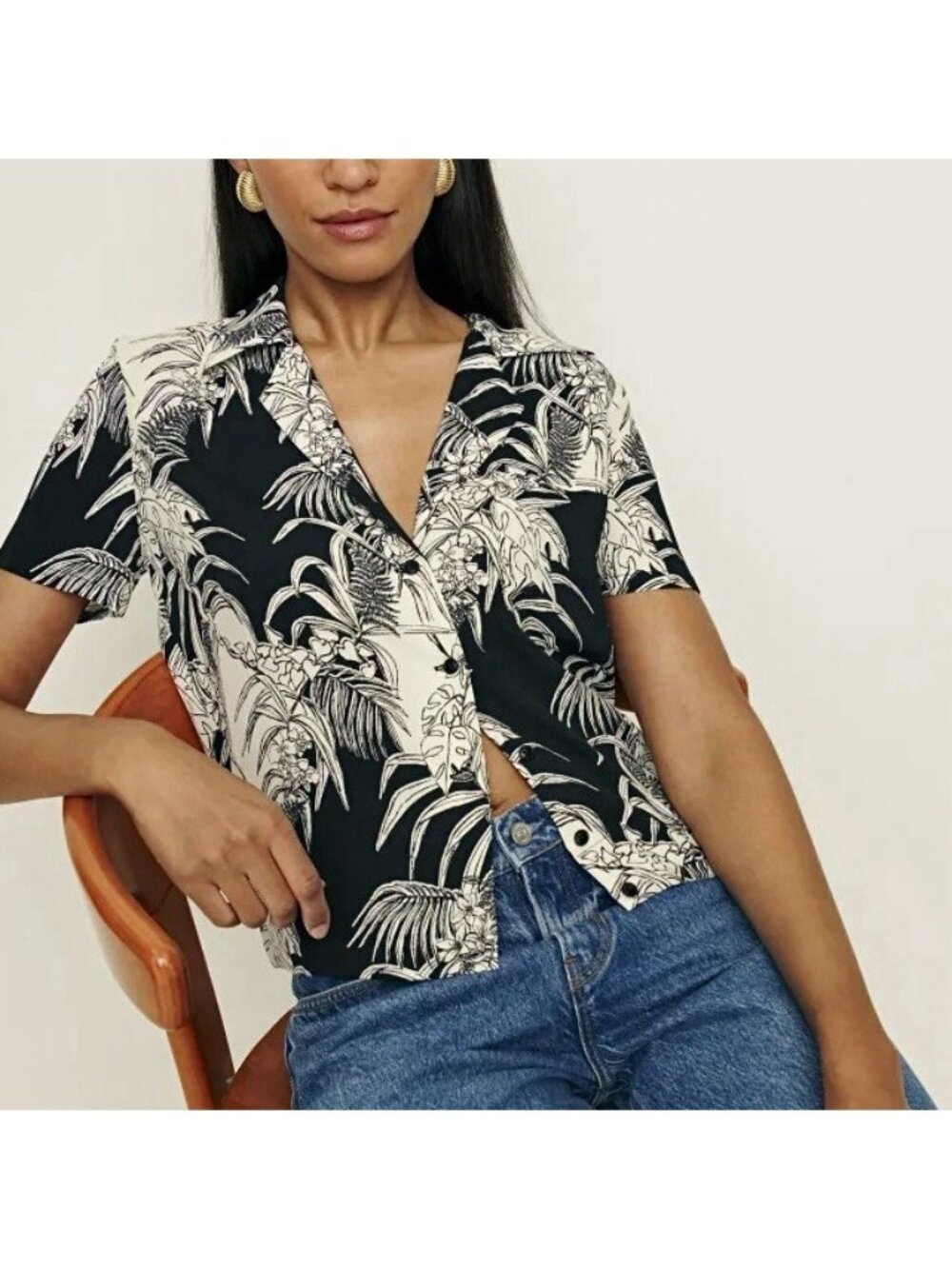 Reformation Cuba Top Short Sleeve Button Down Shirt Black White Floral Sz Small